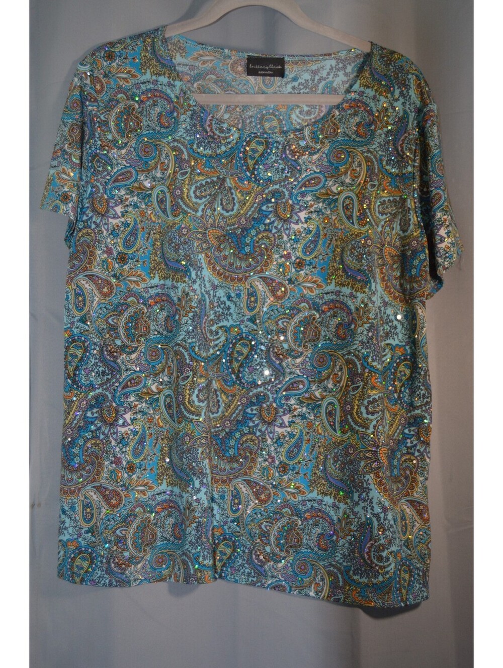 Brittany Black Woman blue paisley short sleeve top size 1X